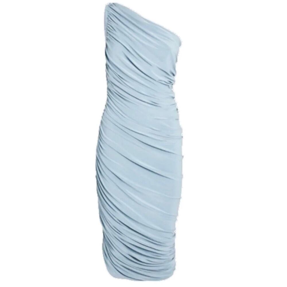 Betsy & Adam One-Shoulder Ruched Midi Dress in Pale Blue
